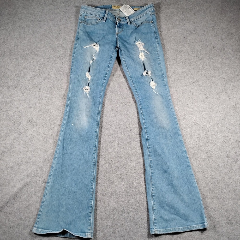 Guess Mini Flare Jeans Women's 26 Blue Distressed Low Rise Shredded Ripped 28x32